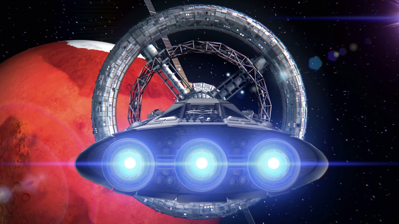 详情图-背景是火星。宇宙飞船飞出了隧道。宇宙飞船飞进太空站门，3d动画。行星的纹理是在没有照片和其他图像的图形编辑器中创建的。