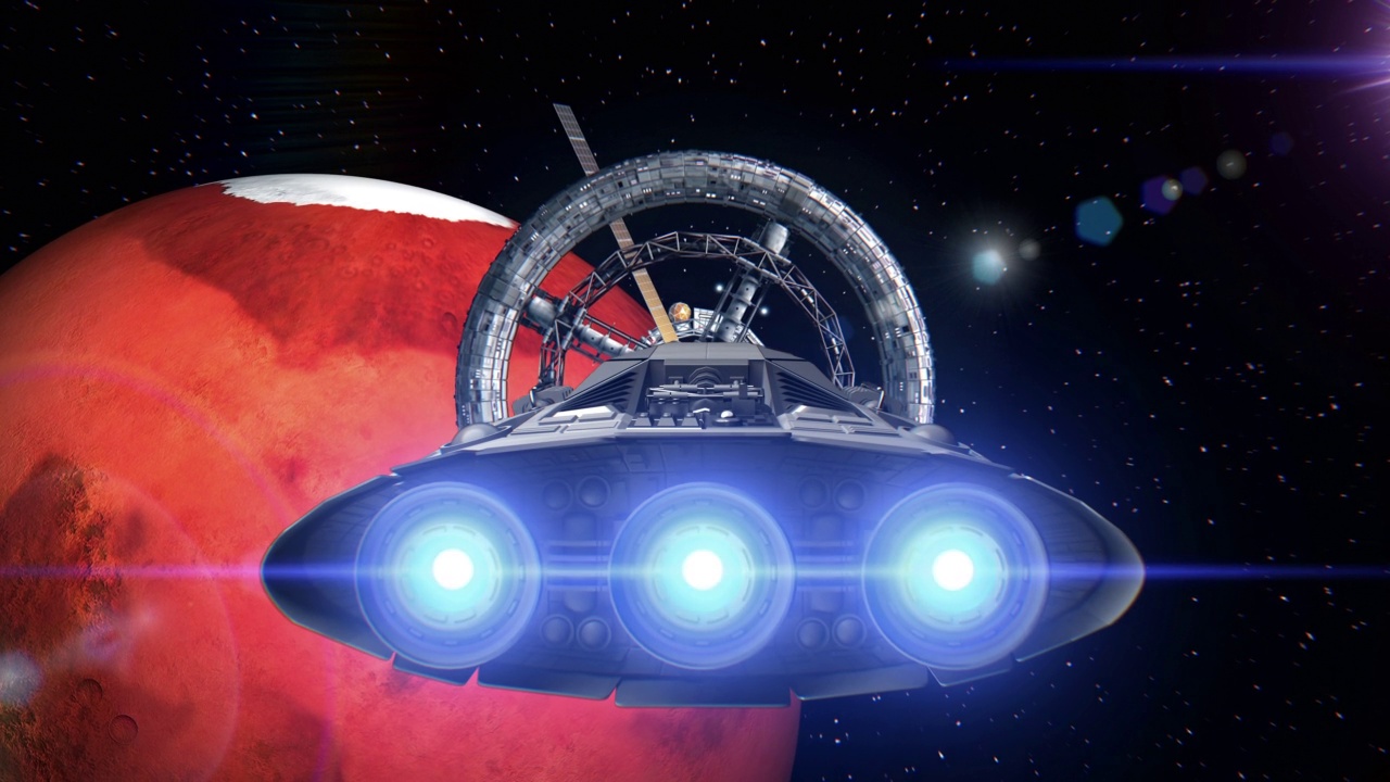 详情图-背景是火星。宇宙飞船飞出了隧道。宇宙飞船飞进太空站门，3d动画。行星的纹理是在没有照片和其他图像的图形编辑器中创建的。