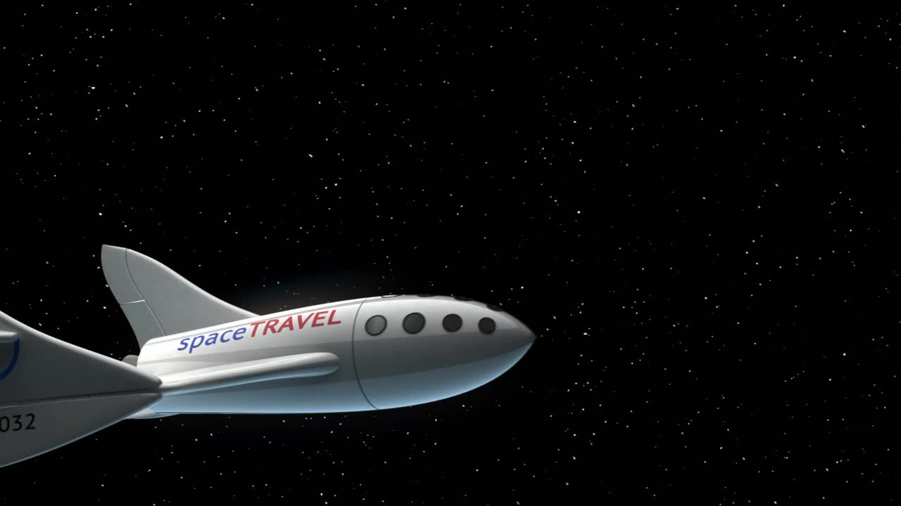虚构的星际间的太空飞机，太空旅游飞船的概念，3d动画。