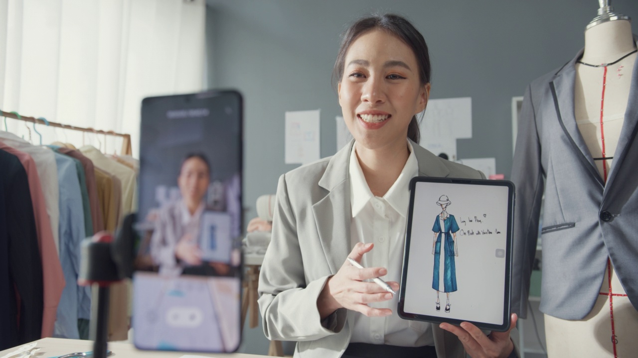 詳情圖-專業(yè)開朗的亞洲女商人設(shè)計(jì)師坐在桌子上看智能手機(jī)在線會(huì)議分享想法教程新服裝系列在素描本上的數(shù)字平板電腦在工作室工作場(chǎng)所。