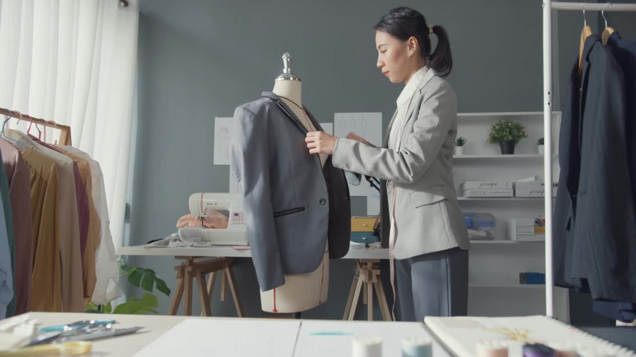 集中年轻的亚洲裁缝，时装设计师站在现代车间工作室的人体模型与西装。女商人，时装陈列室或工作室老板。小型企业在裁缝概念。