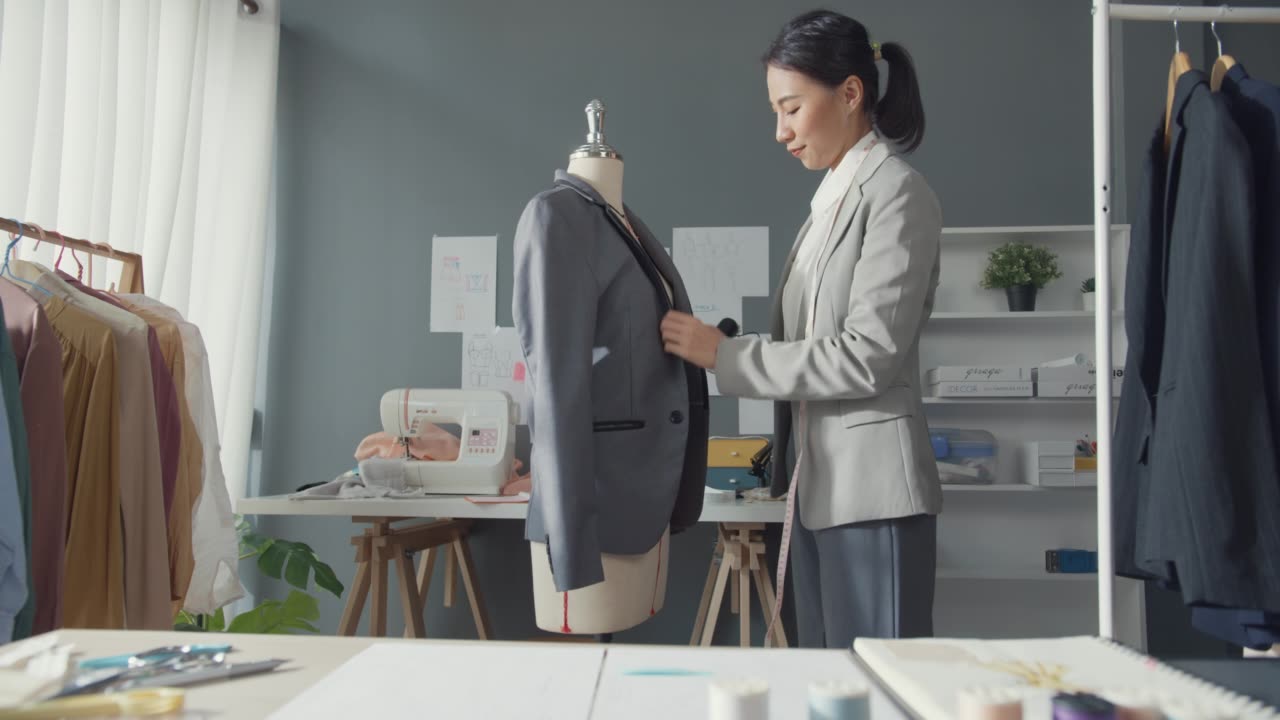 详情图-集中年轻的亚洲裁缝，时装设计师站在现代车间工作室的人体模型与西装。女商人，时装陈列室或工作室老板。小型企业在裁缝概念。
