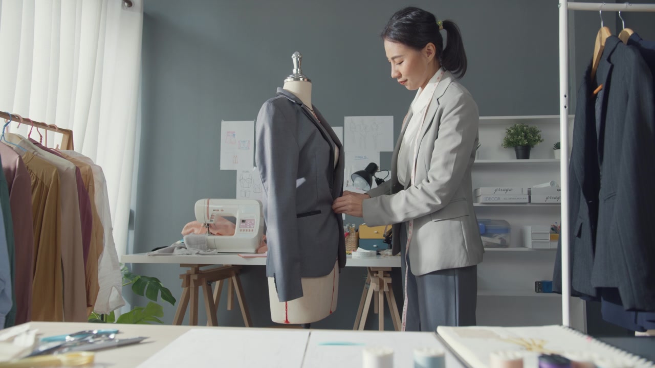 详情图-集中年轻的亚洲裁缝，时装设计师站在现代车间工作室的人体模型与西装。女商人，时装陈列室或工作室老板。小型企业在裁缝概念。
