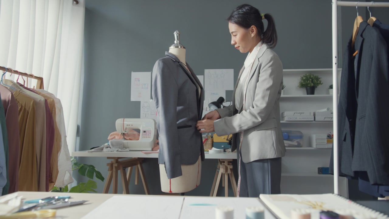 详情图-集中年轻的亚洲裁缝，时装设计师站在现代车间工作室的人体模型与西装。女商人，时装陈列室或工作室老板。小型企业在裁缝概念。