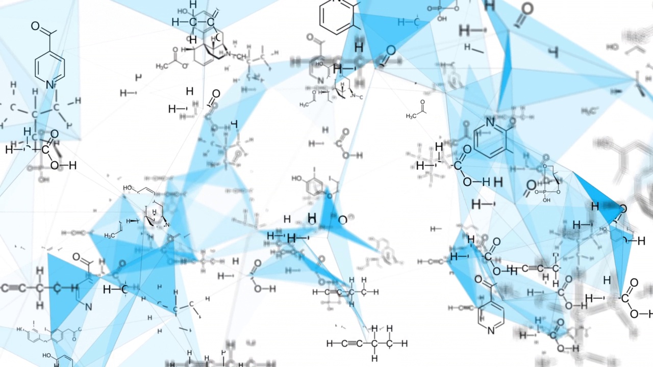 结构化学公式的动画在一个白色背景在抽象的数字空间。