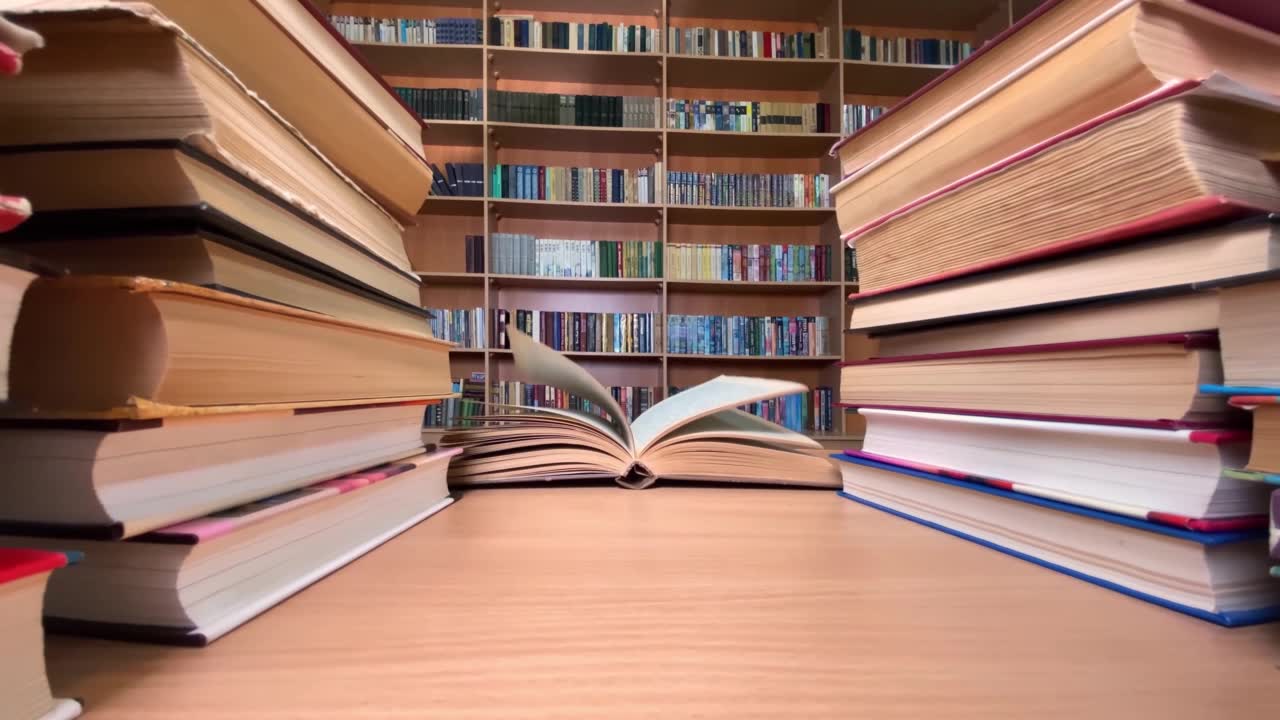 詳情圖-書在圖書館的書桌上，風(fēng)在翻頁，書架在背景上
