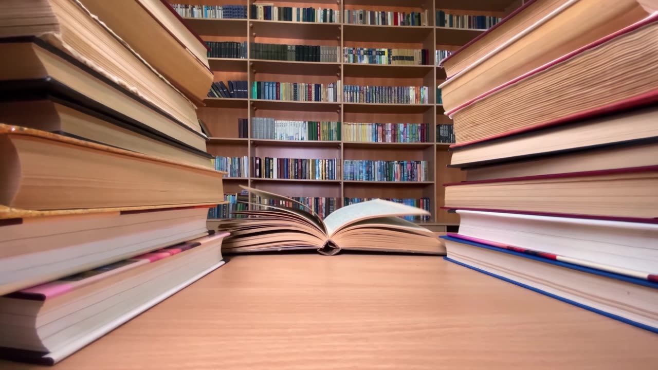 詳情圖-書在圖書館的書桌上，風(fēng)在翻頁，書架在背景上