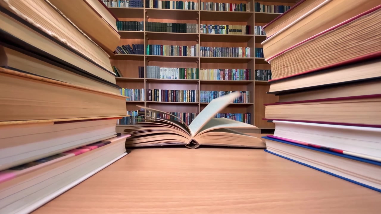 詳情圖-書在圖書館的書桌上，風(fēng)在翻頁，書架在背景上