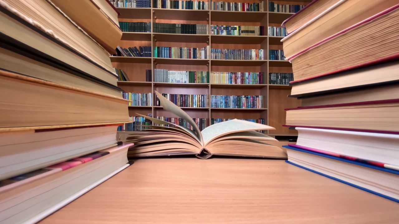 詳情圖-書在圖書館的書桌上，風(fēng)在翻頁，書架在背景上