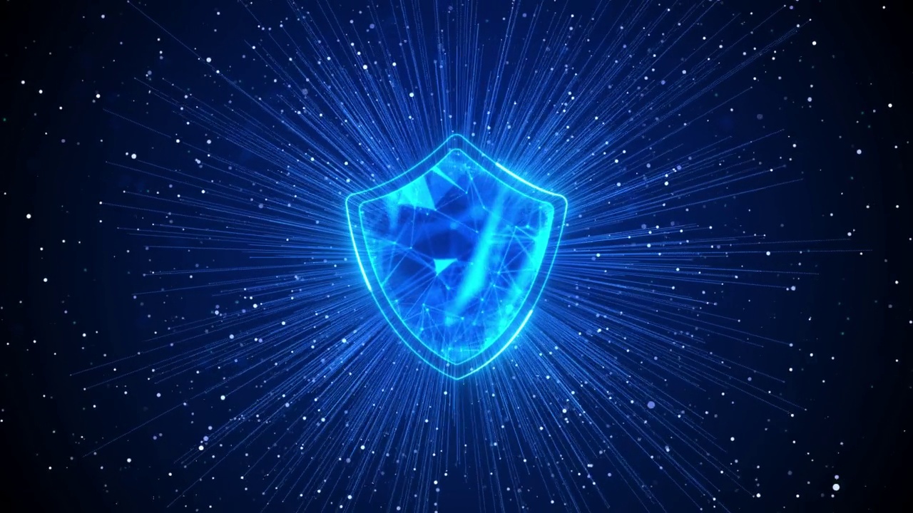 4K网络安全高速互联网盾与钥匙孔图标数字数据循环背景。