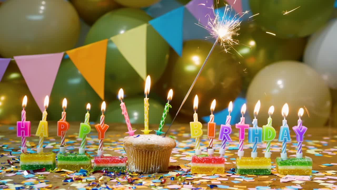 一个美丽的快乐的生日背景任何年龄，一个快乐的生日蛋糕屏幕保护与蜡烛和烟火和飘落的五彩纸屑装饰。