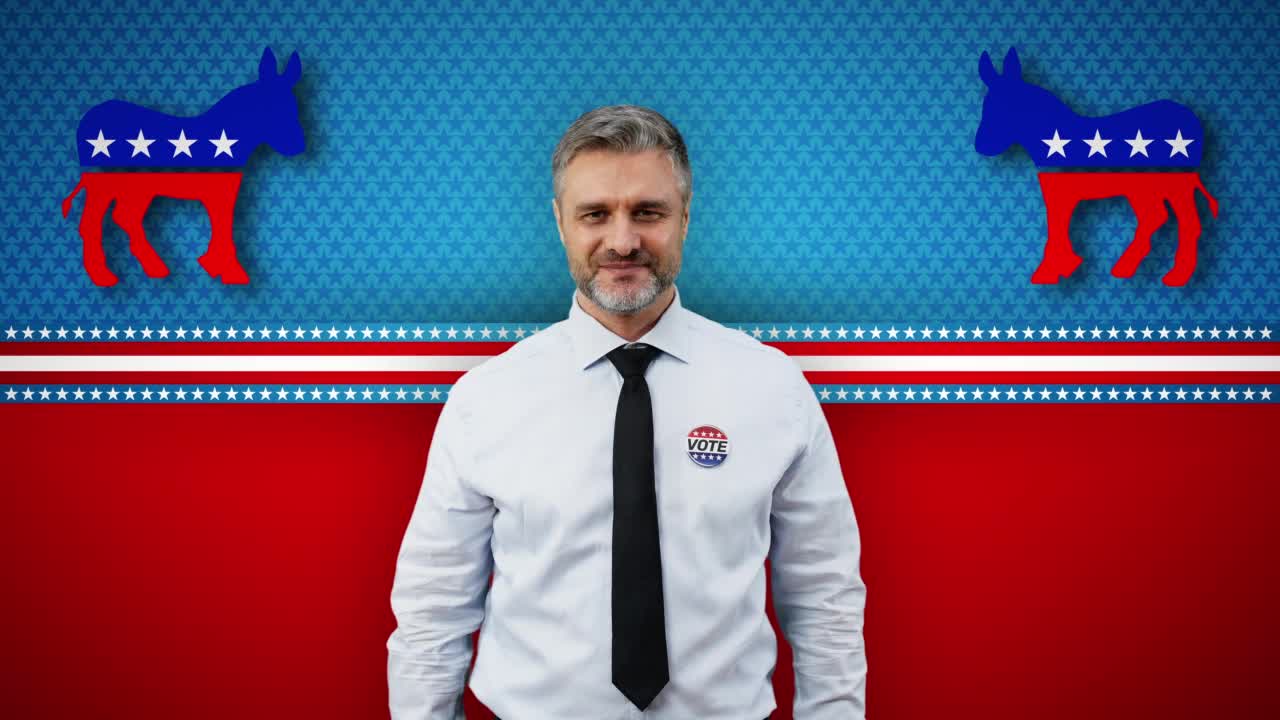美国民主党候选人竖起大拇指，驴的标志
