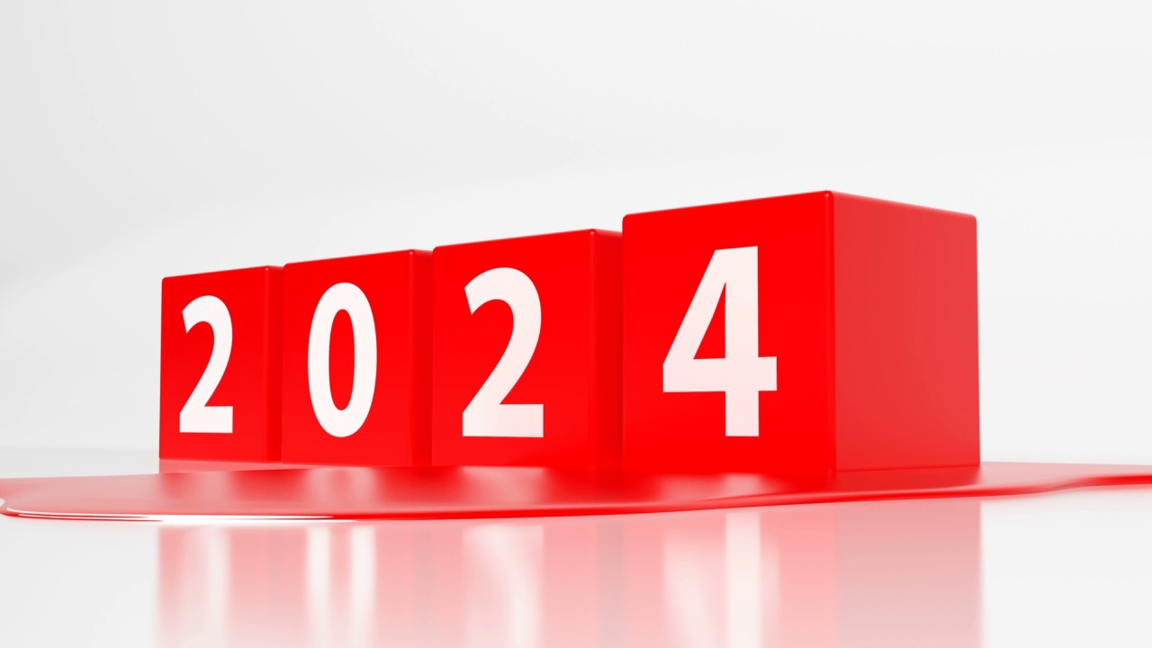 再见2023，欢迎2024。红色方块与数字的侧视图