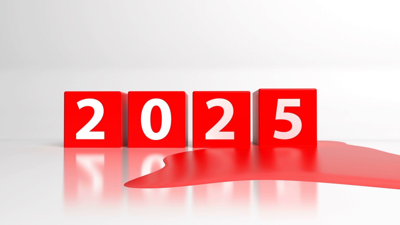 再见2024，欢迎2025。带数字的红色方块
