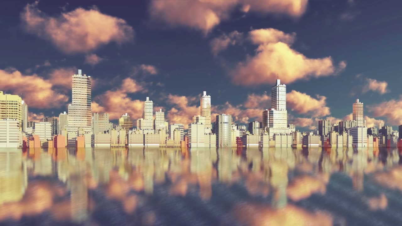 詳情圖-抽象城市摩天大樓在多云天空下的倒影