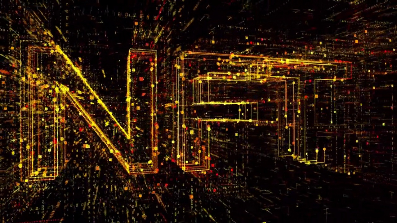 NFT题字制作的黄金二进制代码粒子动画。未来的网络技术。NFT元宇宙概念