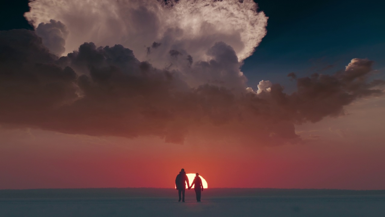 两个远征者走在美丽的夕阳天空背景