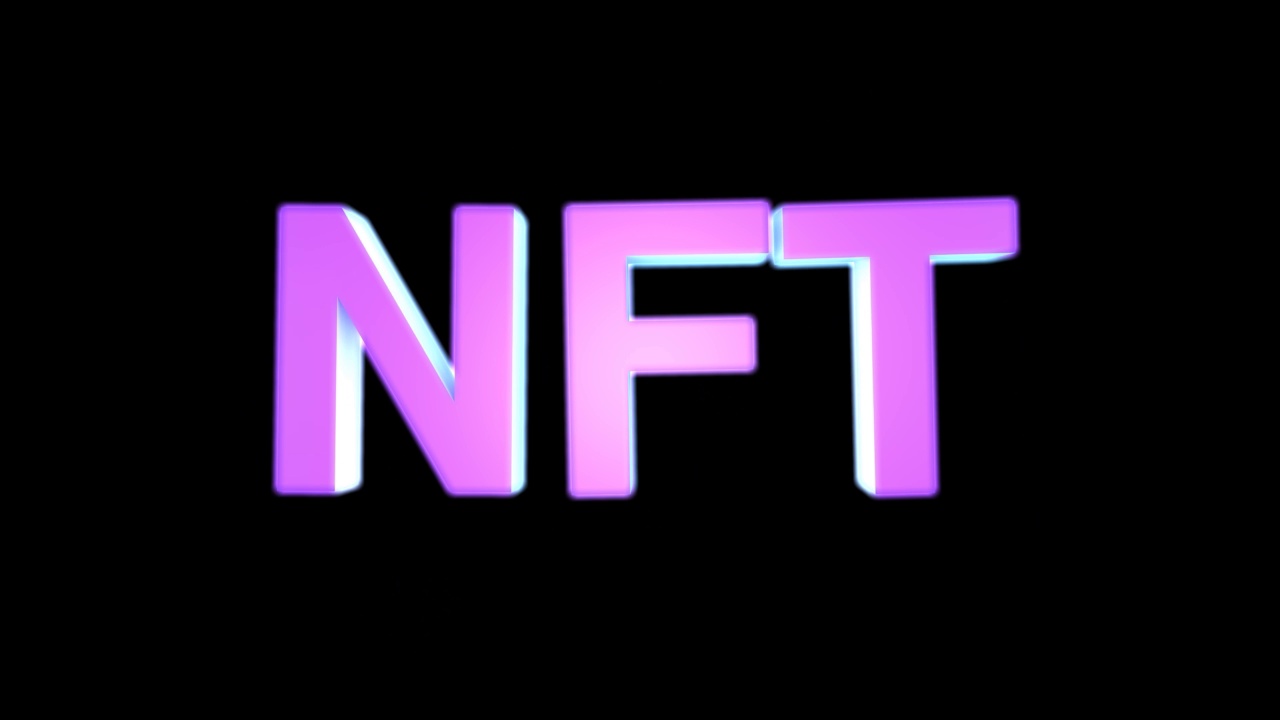 NFT加密霓虹灯艺术标志，独特收藏品的不可替代代币，区块链和数字艺术品销售技术概念符号。