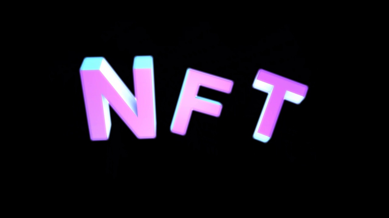详情图-NFT加密霓虹灯艺术标志，独特收藏品的不可替代代币，区块链和数字艺术品销售技术概念符号。