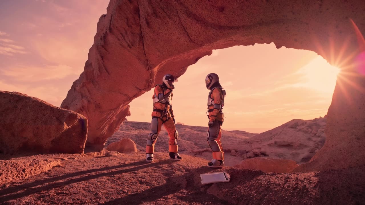 詳情圖-兩名宇航員在紅色的火星上玩石頭剪刀布