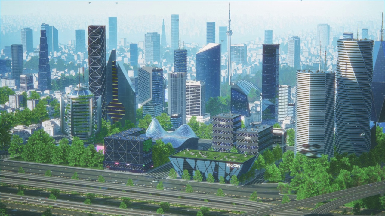 未来城市的概念。广角镜头的动画现代都市大都市与创意摩天大楼与银行，办公室，酒店，自动飞行无人机，高速公路与汽车和完美的晴朗的蓝天。