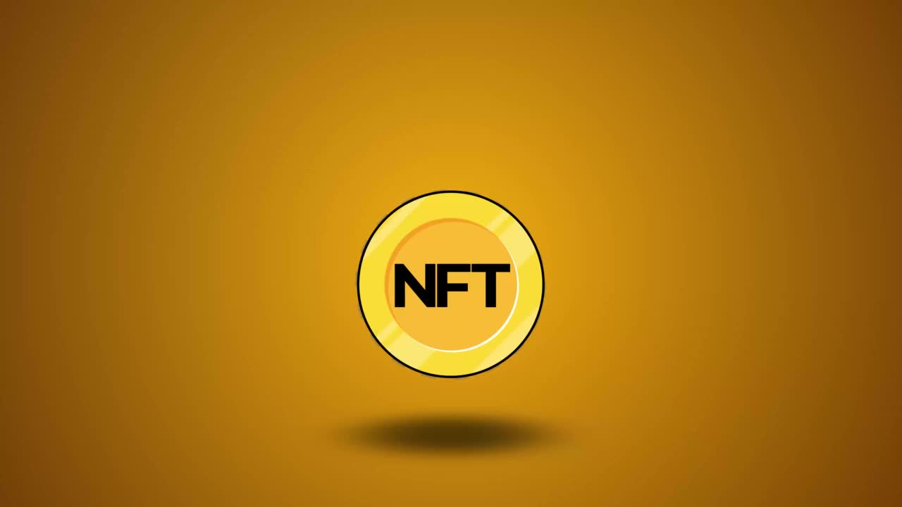 旋转NFT金币动画。故障的效果。加密货币和区块链概念