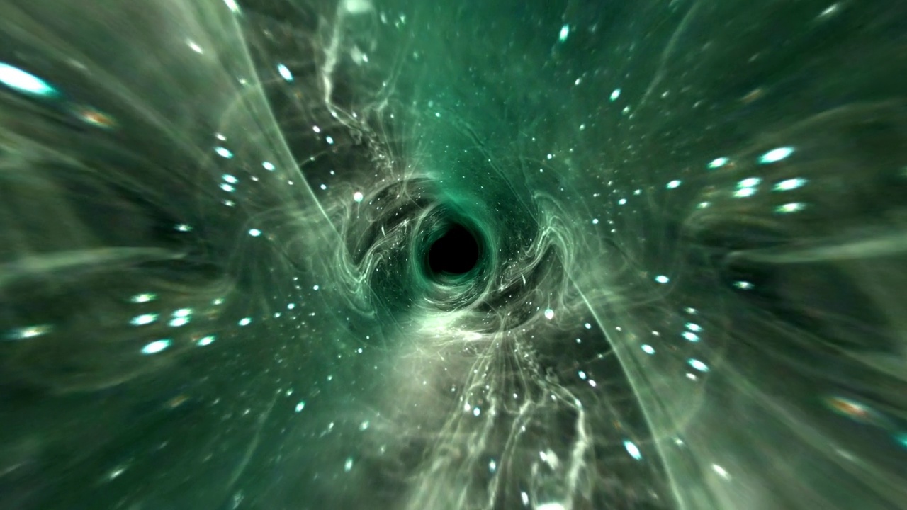 太空飞行到垃圾绿云虫洞隧道穿越时空漩涡循环背景。4K 3D渲染科幻星际穿越虫洞在超空间。摘要云星际飞行。