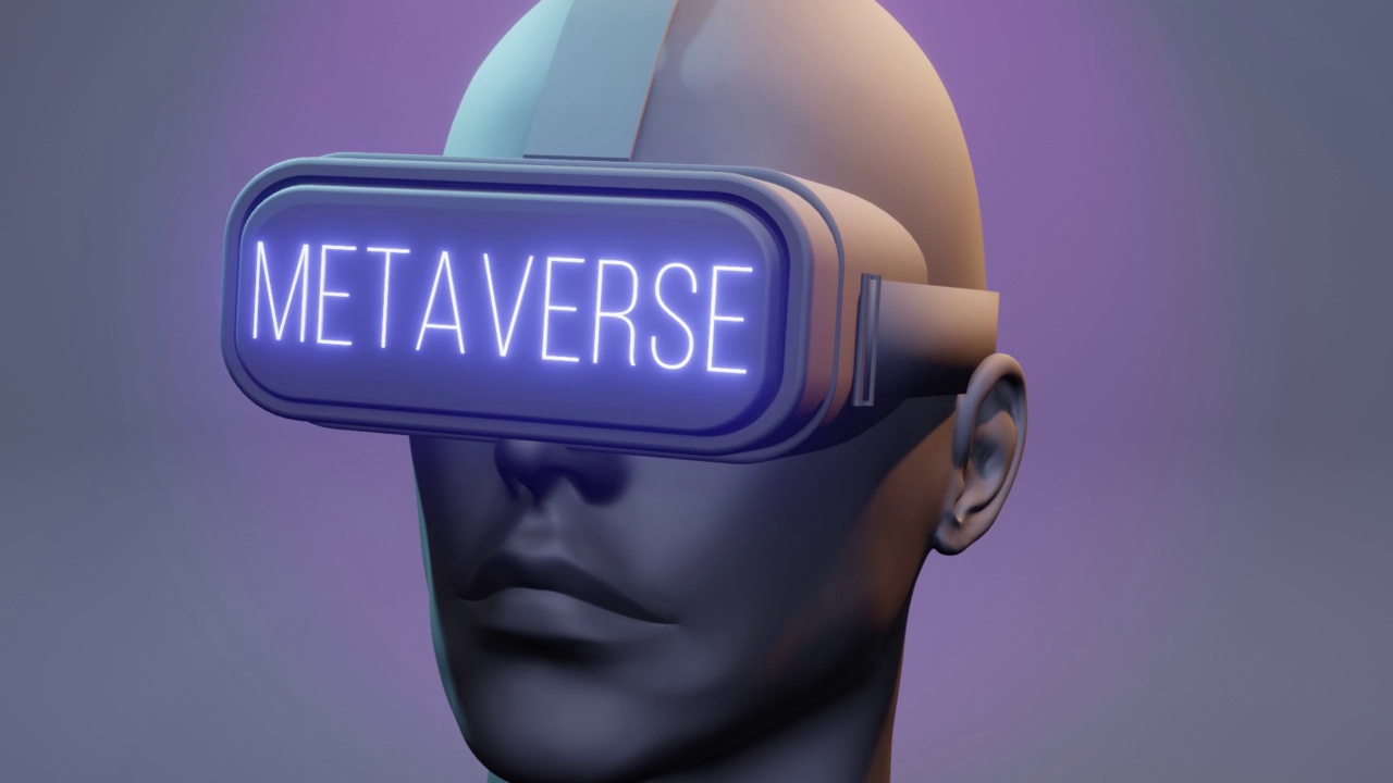 3D渲染Metaverse角色使用虚拟现实眼镜。在VR眼镜上可见元宇宙文本