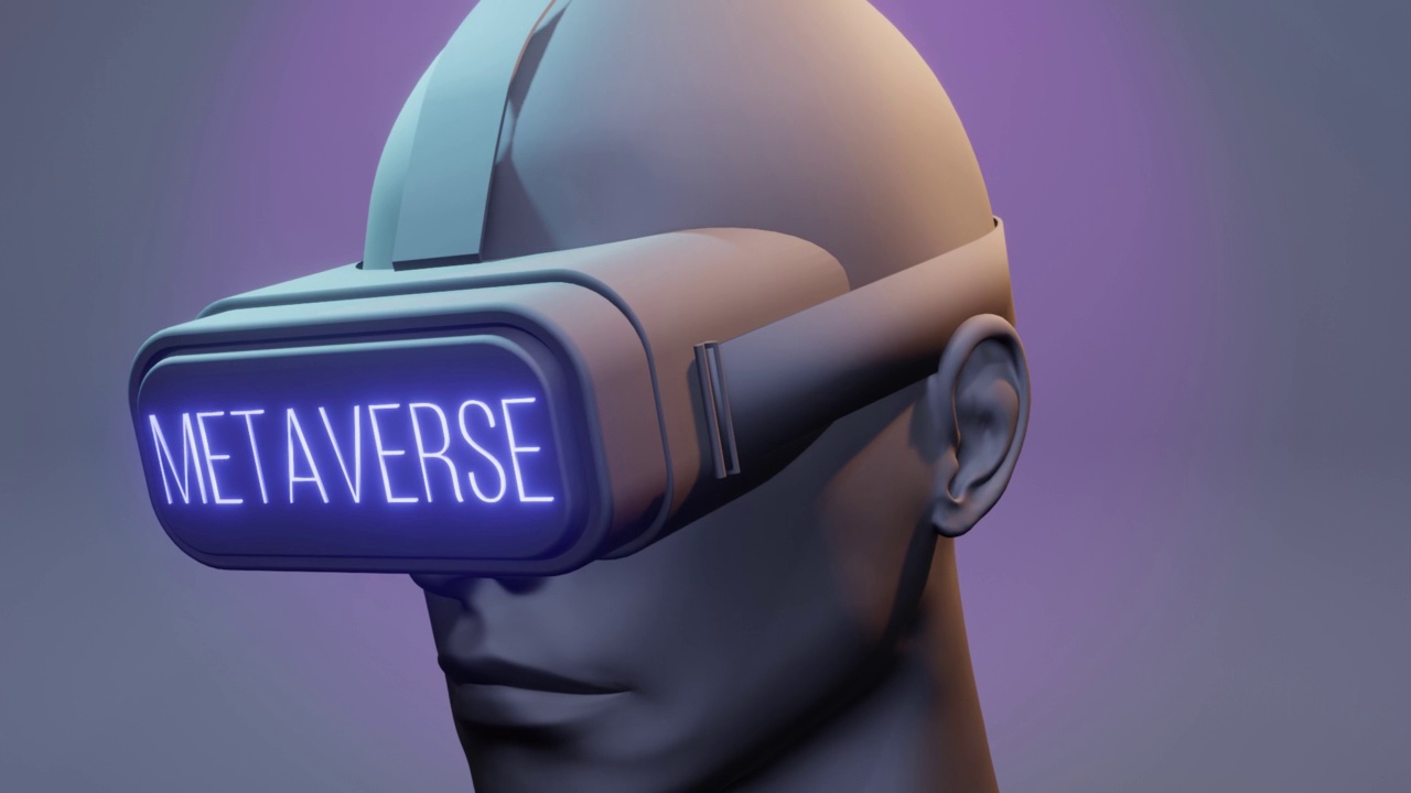 详情图-3D渲染Metaverse角色使用虚拟现实眼镜。在VR眼镜上可见元宇宙文本