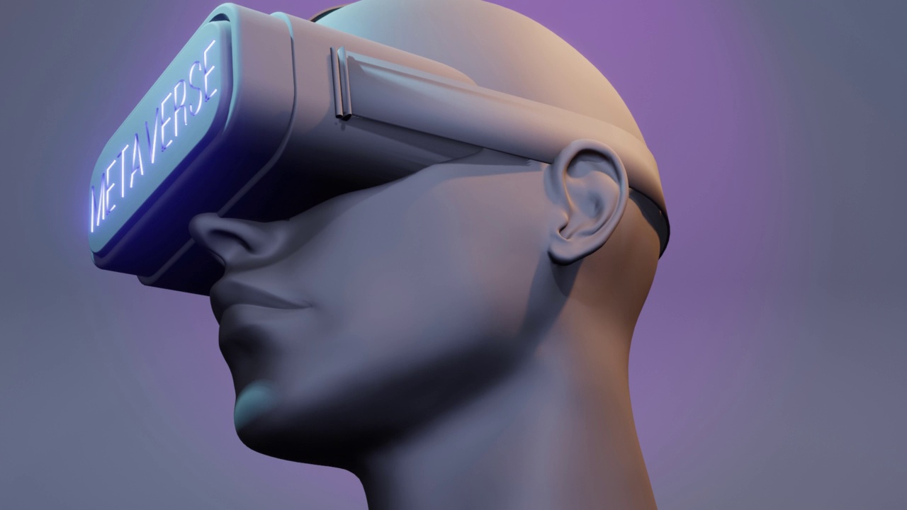 详情图-3D渲染Metaverse角色使用虚拟现实眼镜。在VR眼镜上可见元宇宙文本