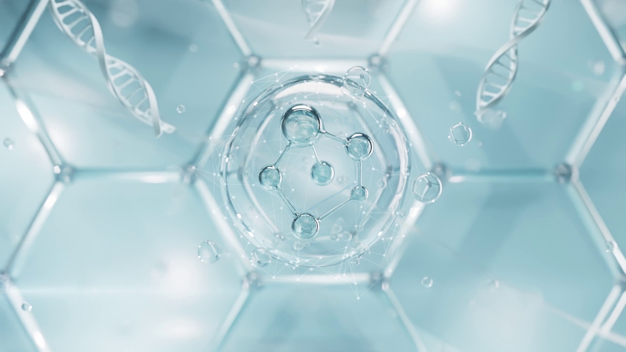 现实的分子背景。奶油分子的科学插图。玻尿酸护肤液广告