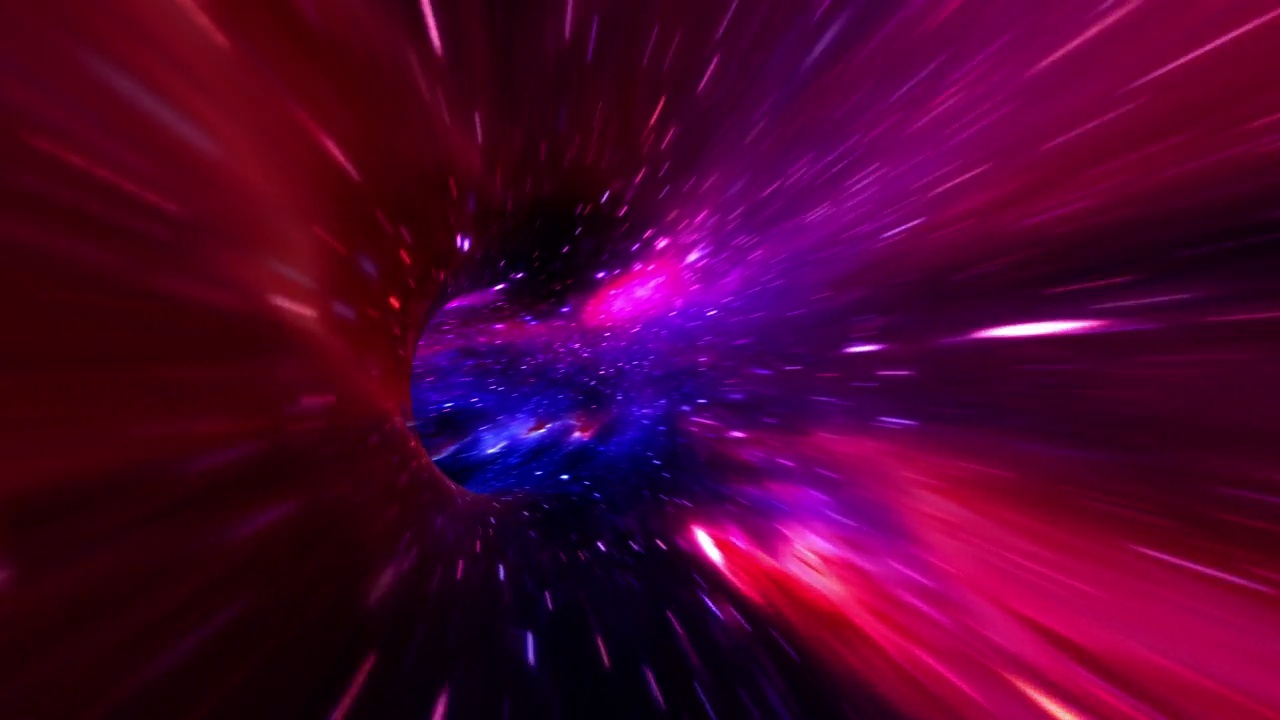 抽象的紫紅藍超空間穿越時空隧道動畫。4K 3D循環(huán)科幻星際穿越超空間渦旋隧道的蟲洞。抽象瞬移速度跳躍