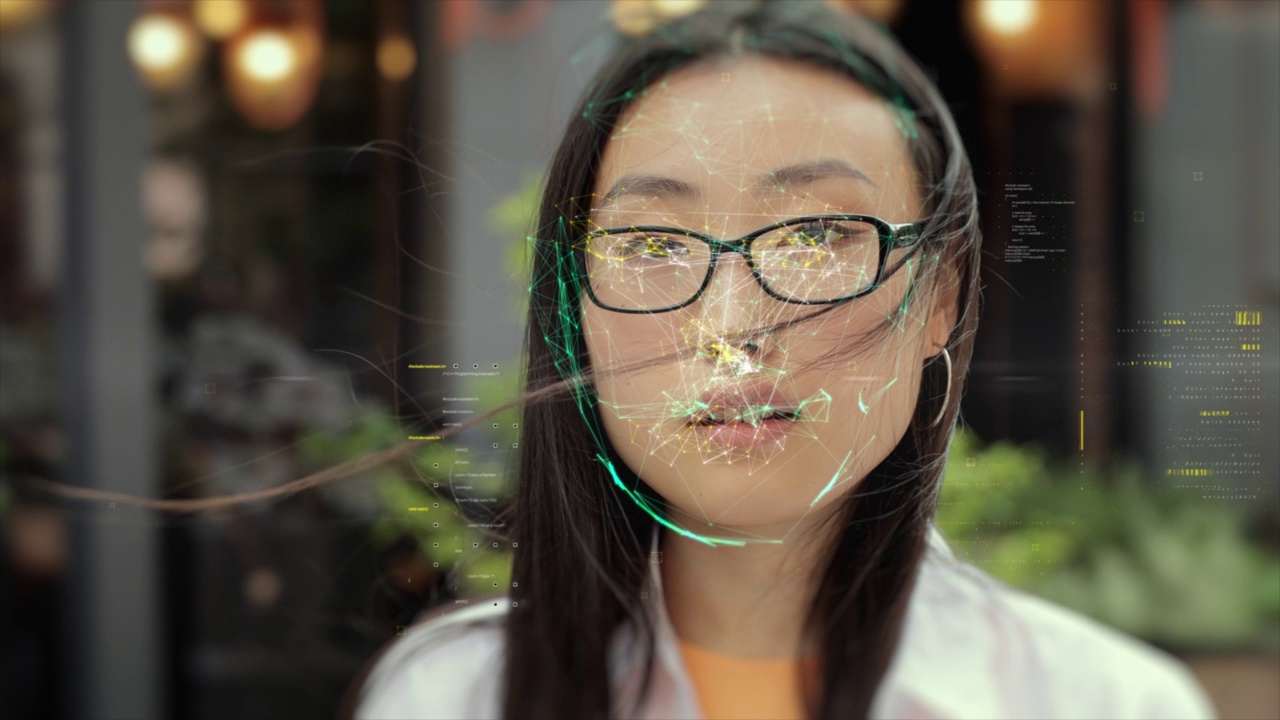 亚洲女性面部特征扫描。未来的3 d identificating。生物识别面部识别。面对id。人脸检测。