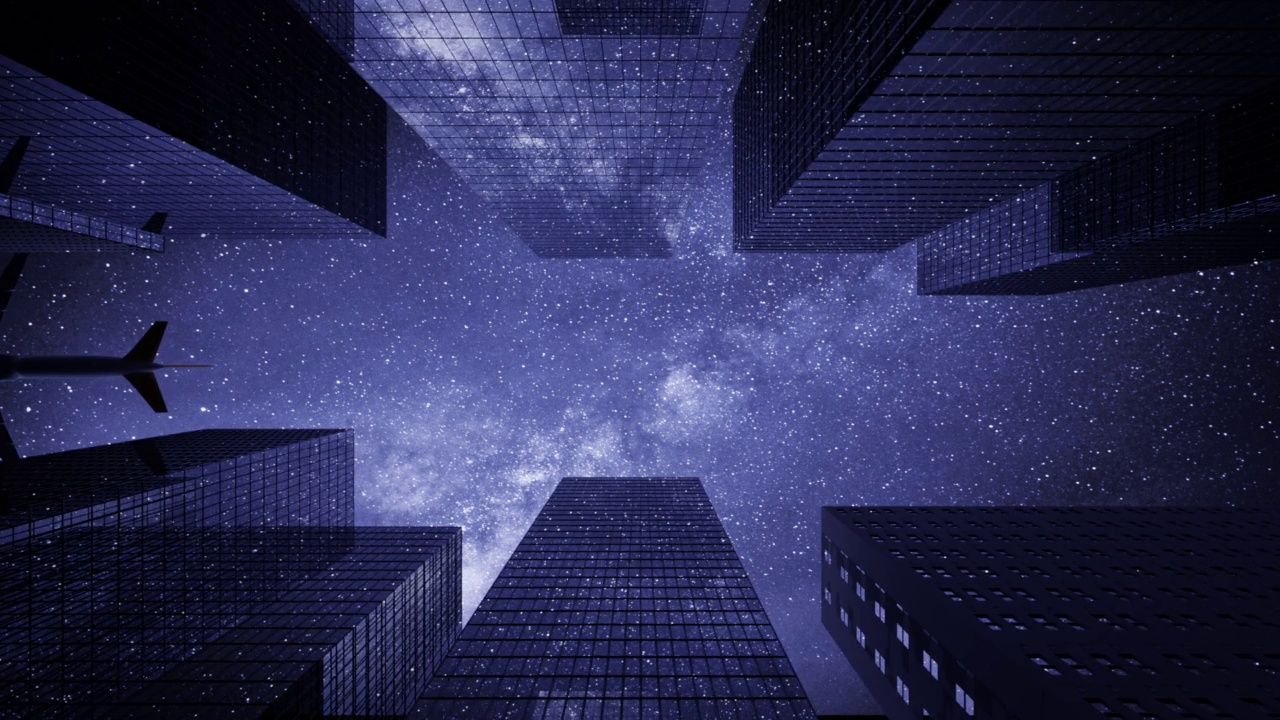 飛機(jī)在夜晚飛過(guò)城市的高樓大廈。窗戶的玻璃反射出星星、星系和平面