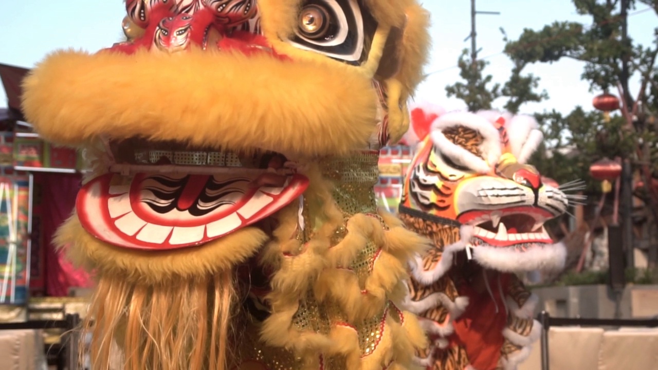 中国狮子表演，农历新年庆祝活动，慢动作。