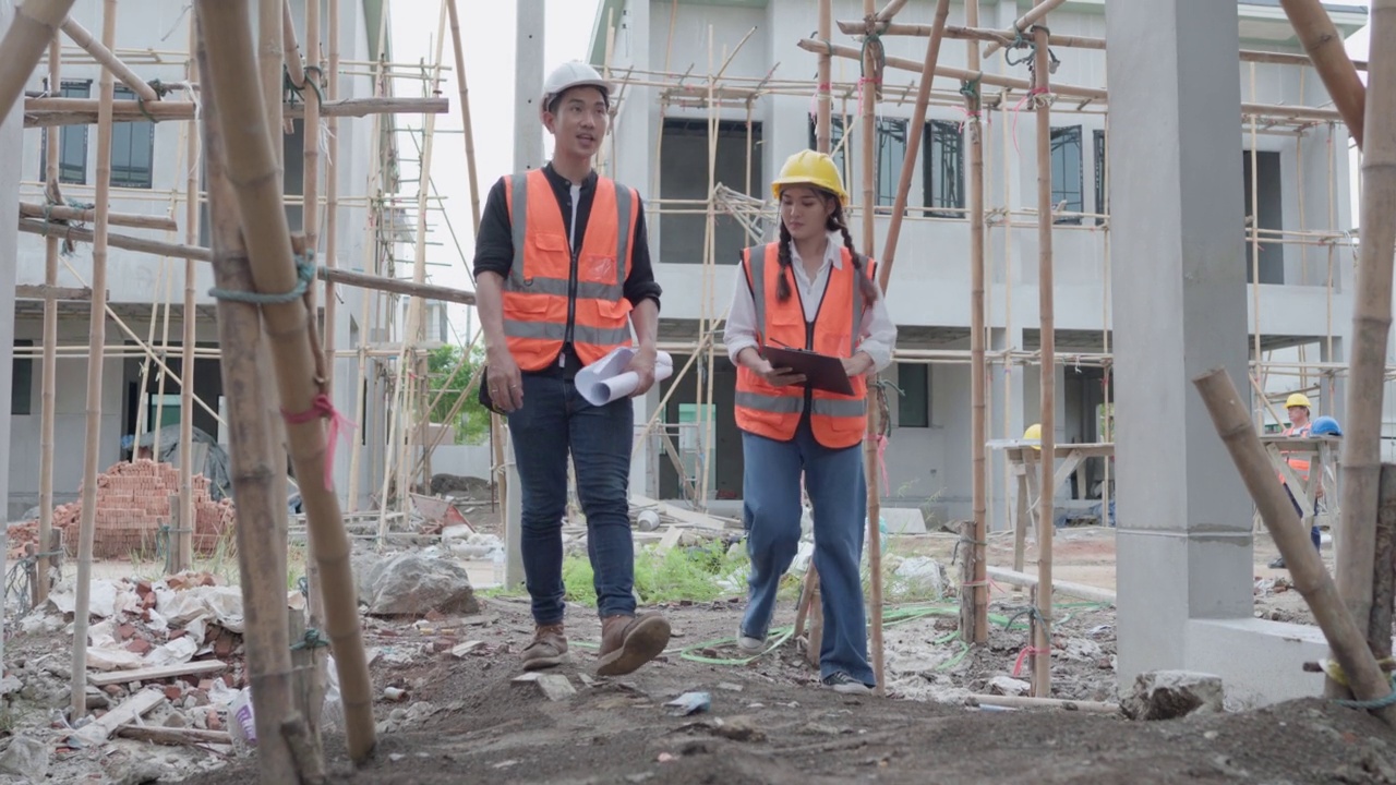 亚洲女性土木工程师或建筑师，承包商检查员，工头或工人戴安全帽。同事们讨论、开会讨论工地建设项目。