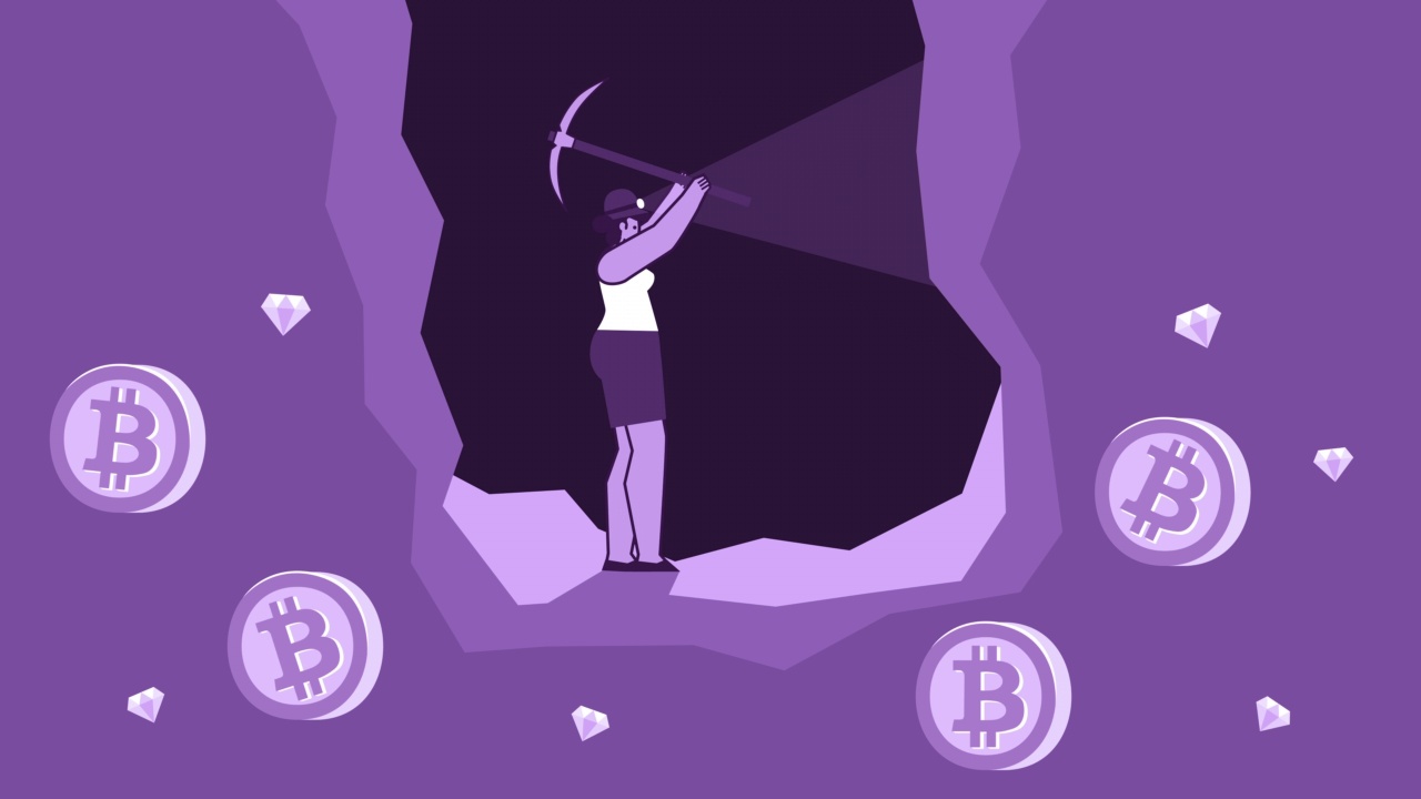 Purple Style Woman Flat Character在洞穴中挖比特币孤立的循环动画