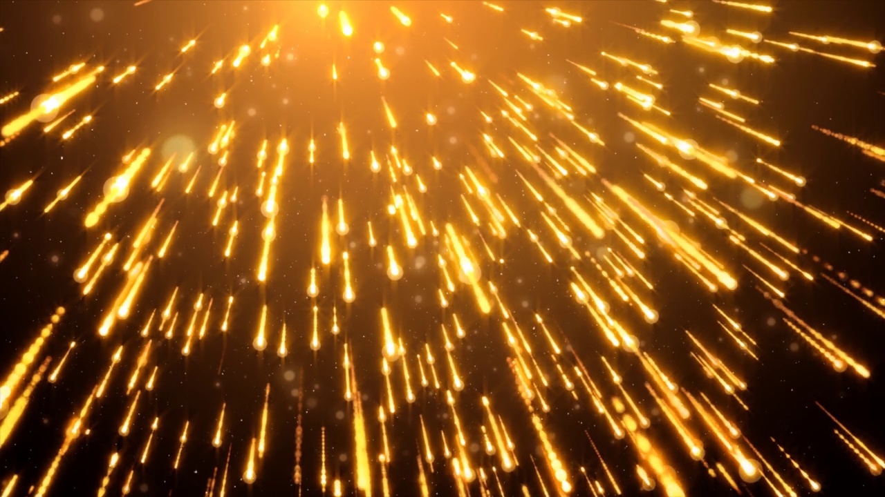 金色的星星闪闪发光的光的雨闪闪发光的视频在黑色的背景。新年和圣诞节的魔法星闪闪发光，烟花的五彩纸屑闪闪发光。无缝循环。