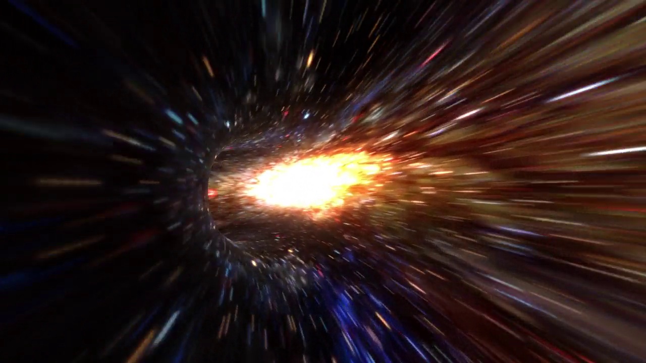 摘要循环辉光空间恒星超空间速度曲速隧道穿越时空动画。4K 3D循环科幻星际穿越超空间涡旋隧道的虫洞。抽象瞬移速度跳跃