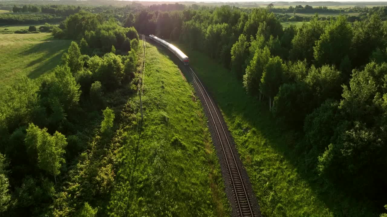 火車上的旅客在日落時(shí)分從森林出發(fā)，鳥瞰。