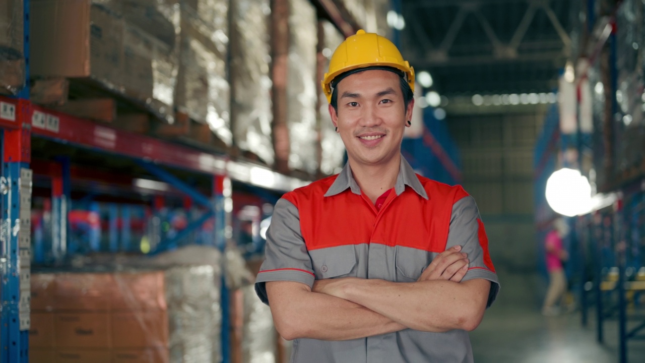 亚洲男性仓库工人双臂交叉站立。