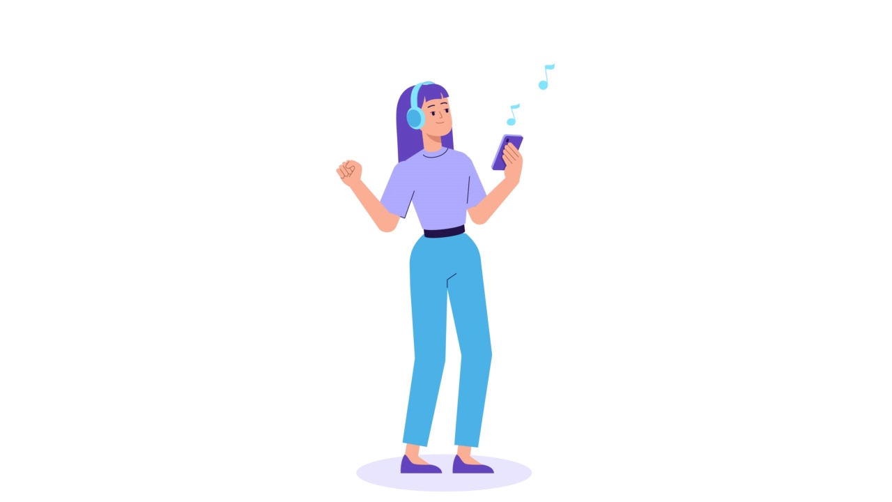少女舞蹈动画。女性戴着耳机听音乐，跳舞。循环动画股票视频。女孩享受在智能手机播放的歌曲。手机音频播放器，派对舞会。
