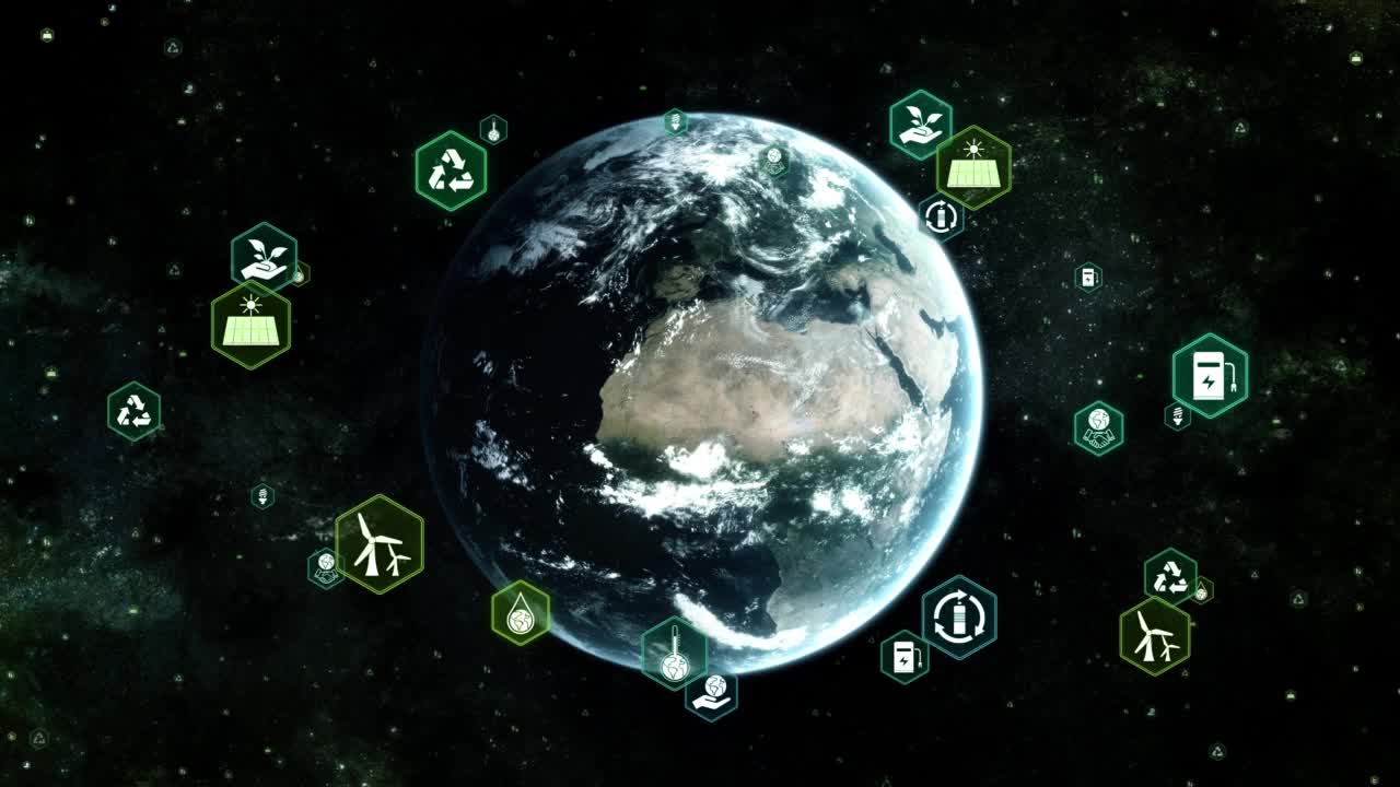 绿色地球在太空和轨道生态信息图图标循环背景
