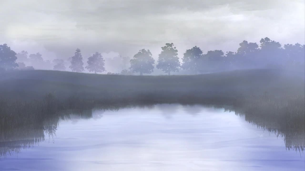雾蒙蒙的清晨池塘在乡村4K循环