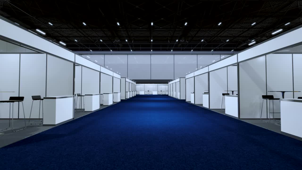 Motion Exhibition代表实体模型和企业形象，展示设计。空的展台设计。展厅零售摊位元素。设计贸易展。空白展位系统图形资源。3d背景在线活动，会议，现场。3 d渲染。