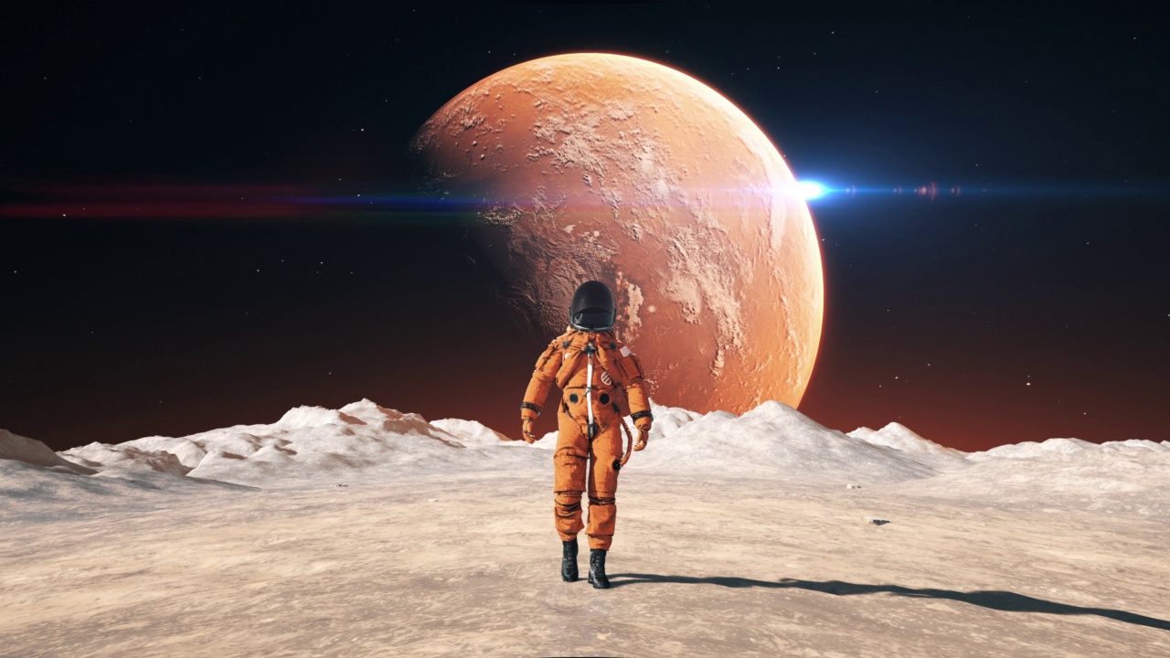 穿着太空服的男性宇航员自信地行走在一个外星球上。