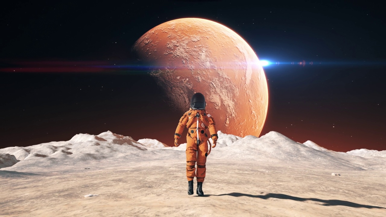 詳情圖-穿著太空服的男性宇航員自信地行走在一個(gè)外星球上。