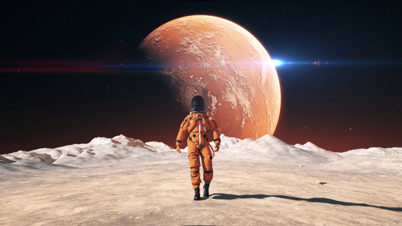 詳情圖-穿著太空服的男性宇航員自信地行走在一個(gè)外星球上。