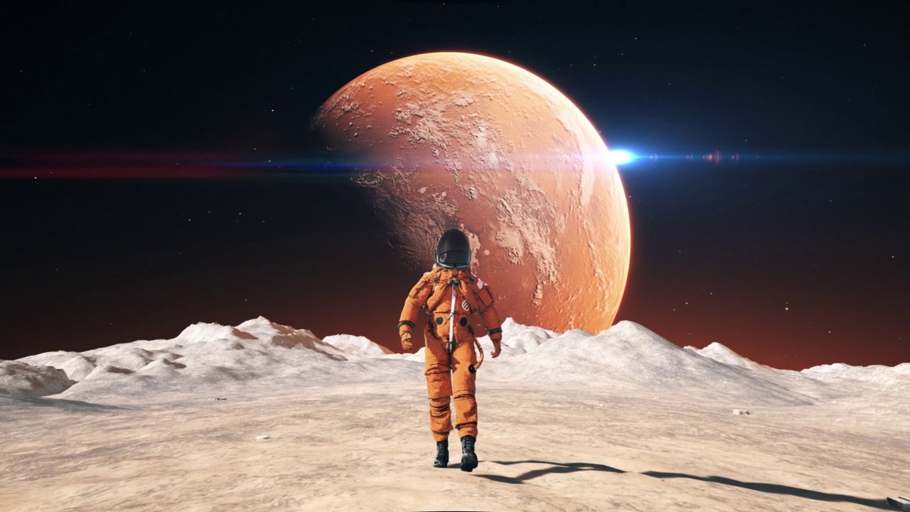 詳情圖-穿著太空服的男性宇航員自信地行走在一個(gè)外星球上。