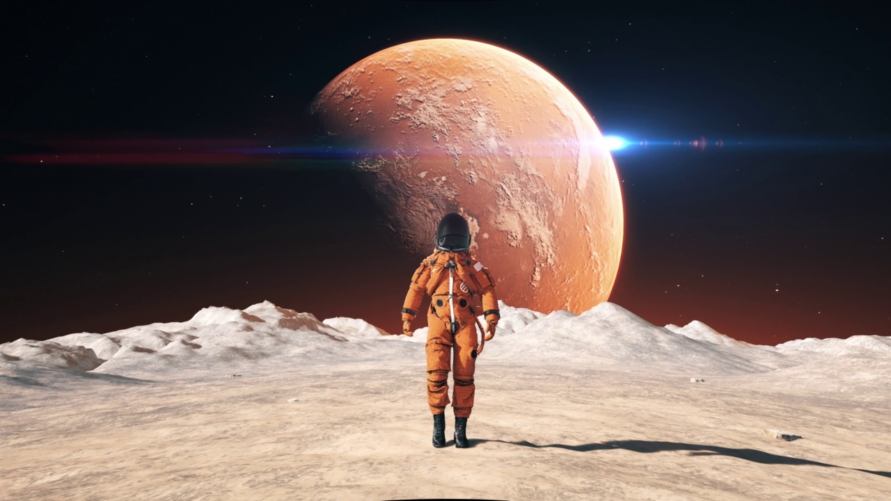 詳情圖-穿著太空服的男性宇航員自信地行走在一個(gè)外星球上。